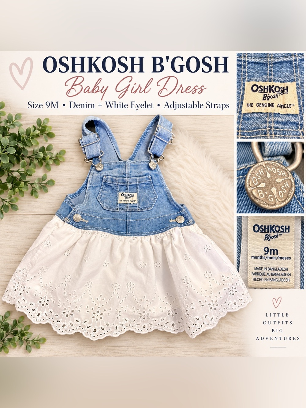 OshKosh B'gosh Denim Bib & White Eyelet Baby Girl Romper Dress